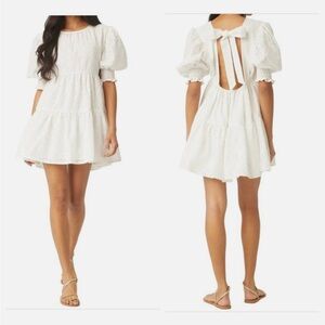 Misa Fraser Tiered Mini Dress Puffed Sleeves Eyelet White Size XS NWT Various